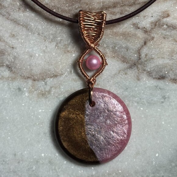 Pink and Brown Resin Pendant Copper Wire Wrapped on Leather Cord Necklace - Picture 1 of 3